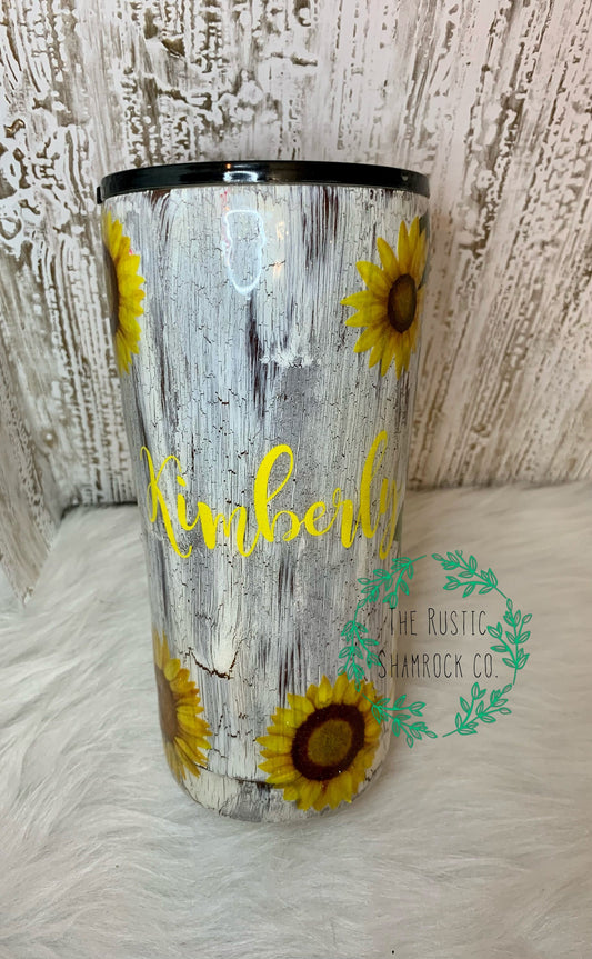 Sunflower Crackle Tumbler, Personalized Sunflower Cup