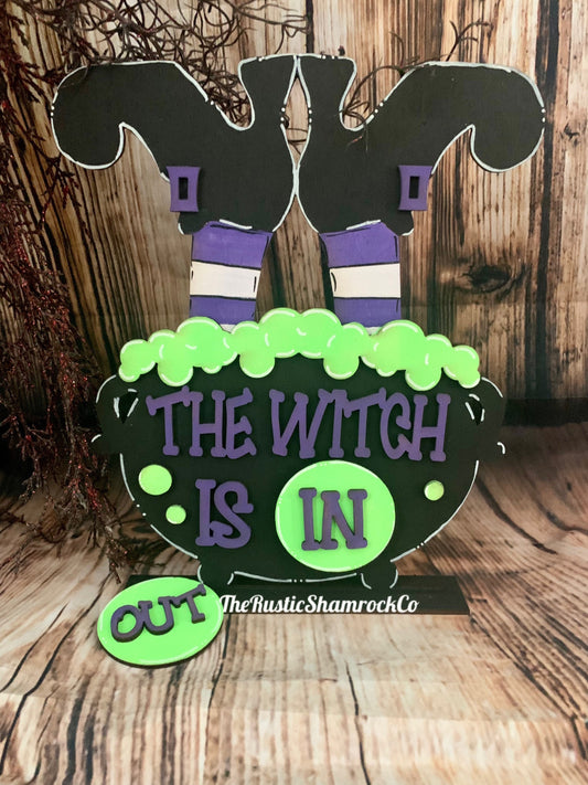 Witch sign, Halloween sign, available sign, wood sign, witch’s feet, in out sign, desk sign