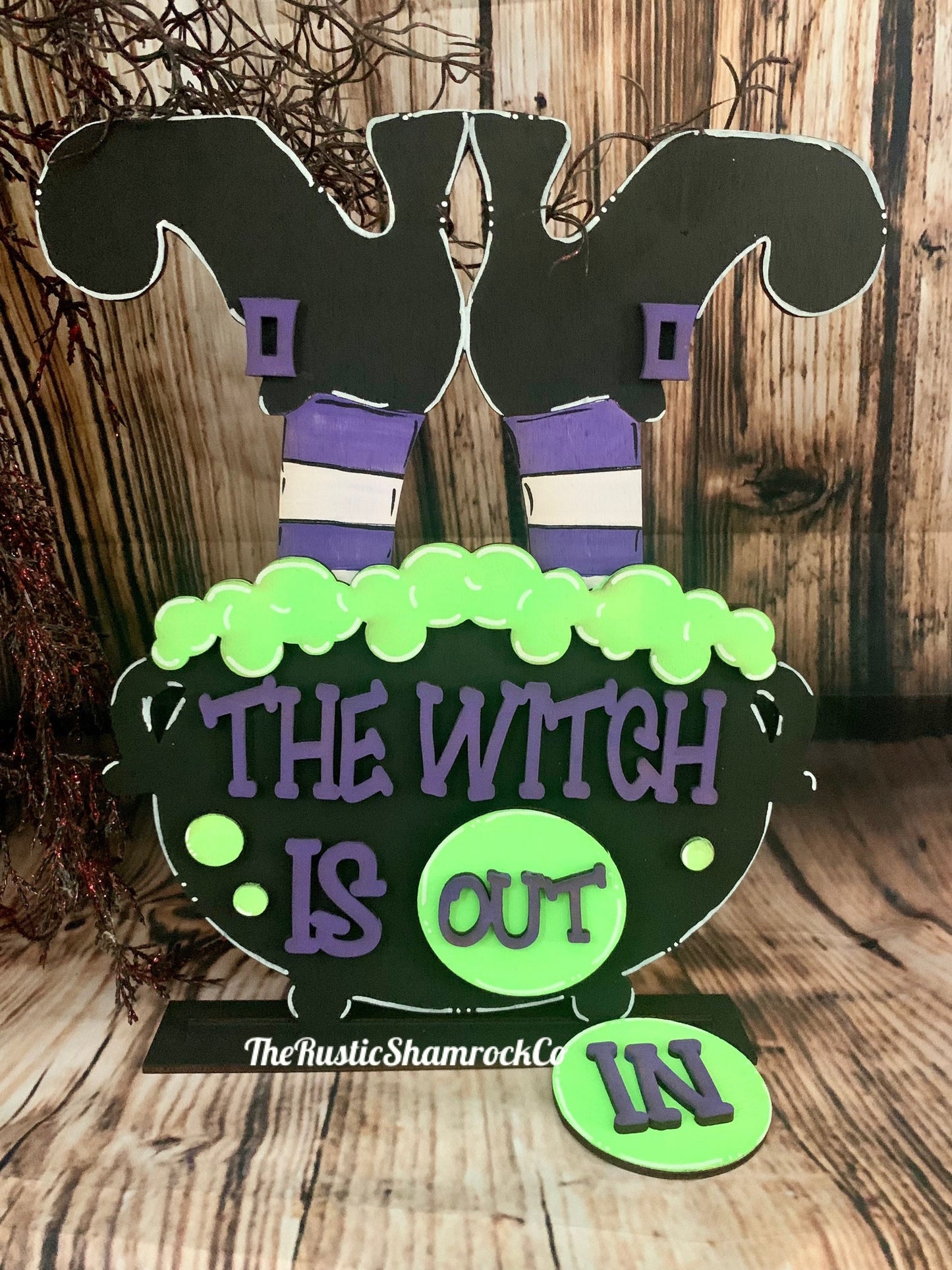 Witch sign, Halloween sign, available sign, wood sign, witch’s feet, in out sign, desk sign