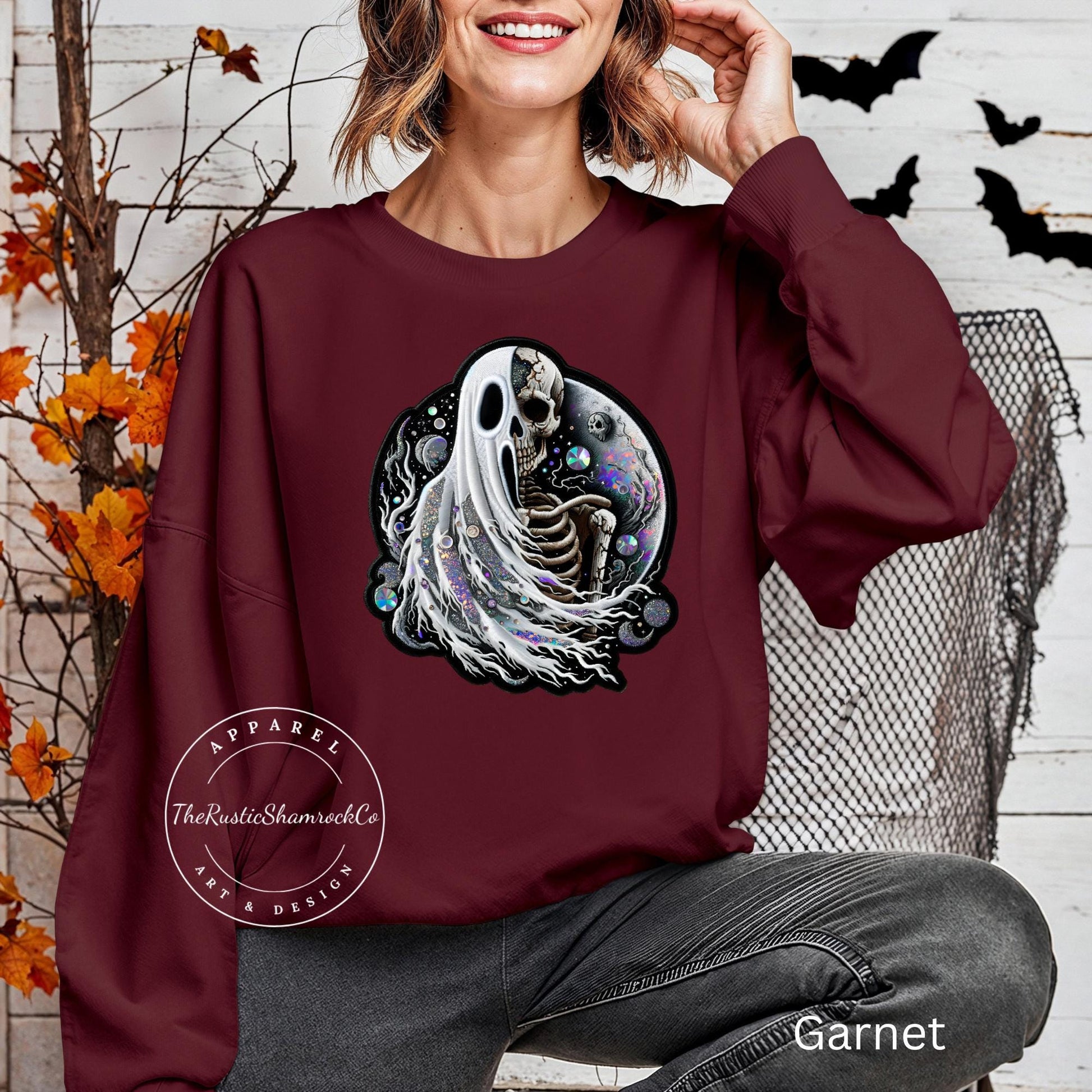 ghost/skeleton sweatshirt, halloween sweatshirt, skull sweatshirt, ghost sweatshirt, gifts for her, rhinestone sweatshirt, faux rhinestones