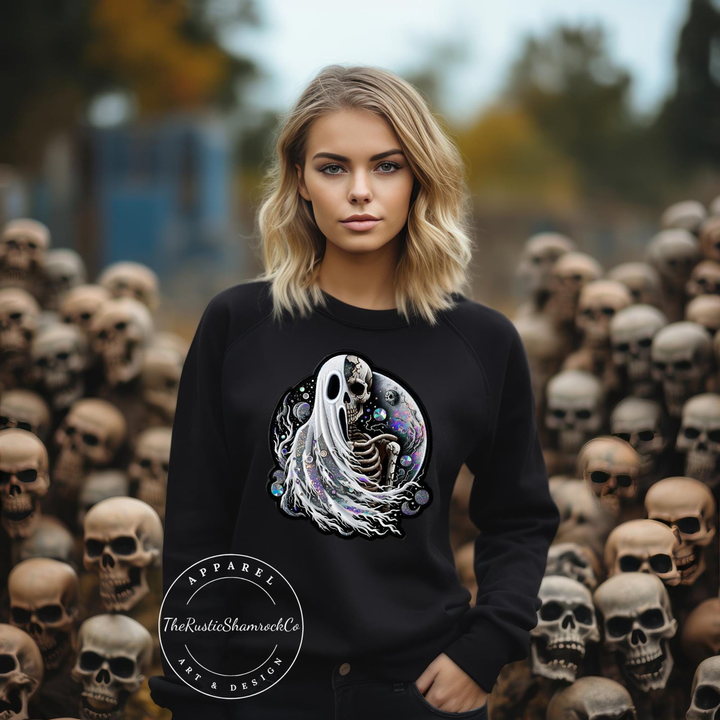 ghost/skeleton sweatshirt, halloween sweatshirt, skull sweatshirt, ghost sweatshirt, gifts for her, rhinestone sweatshirt, faux rhinestones