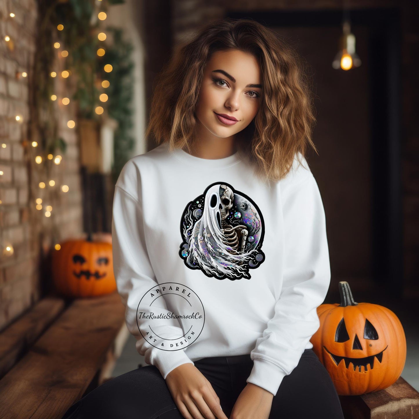 ghost/skeleton sweatshirt, halloween sweatshirt, skull sweatshirt, ghost sweatshirt, gifts for her, rhinestone sweatshirt, faux rhinestones