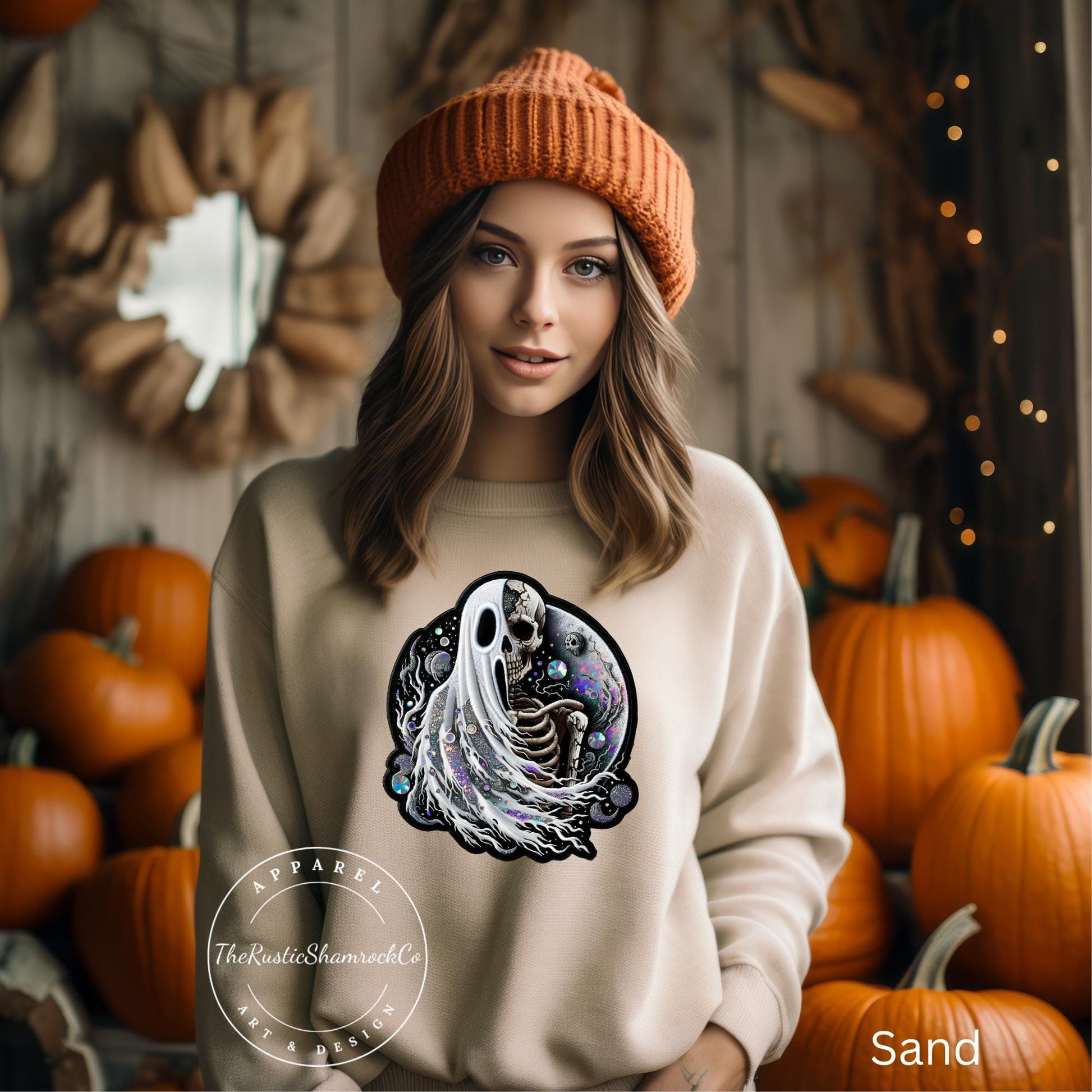 ghost/skeleton sweatshirt, halloween sweatshirt, skull sweatshirt, ghost sweatshirt, gifts for her, rhinestone sweatshirt, faux rhinestones