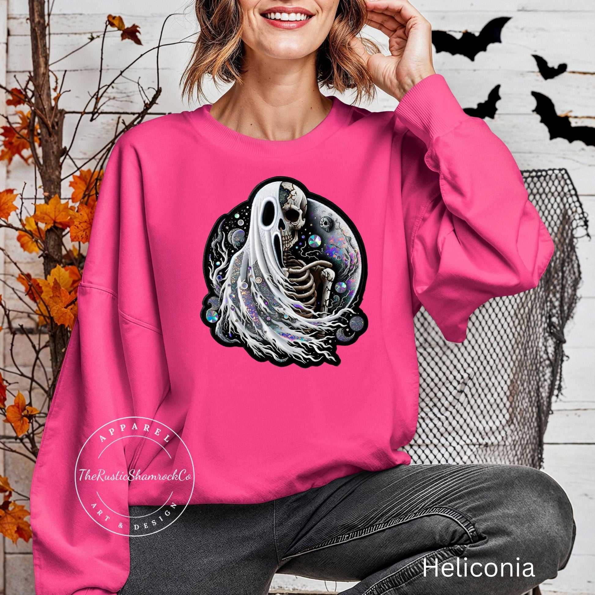 ghost/skeleton sweatshirt, halloween sweatshirt, skull sweatshirt, ghost sweatshirt, gifts for her, rhinestone sweatshirt, faux rhinestones