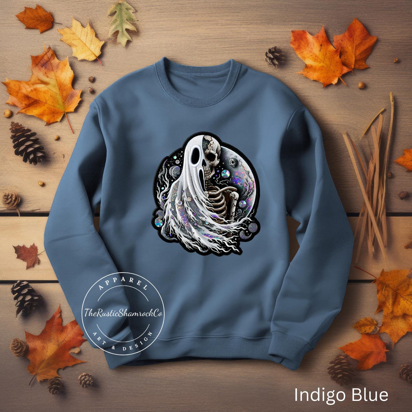 ghost/skeleton sweatshirt, halloween sweatshirt, skull sweatshirt, ghost sweatshirt, gifts for her, rhinestone sweatshirt, faux rhinestones