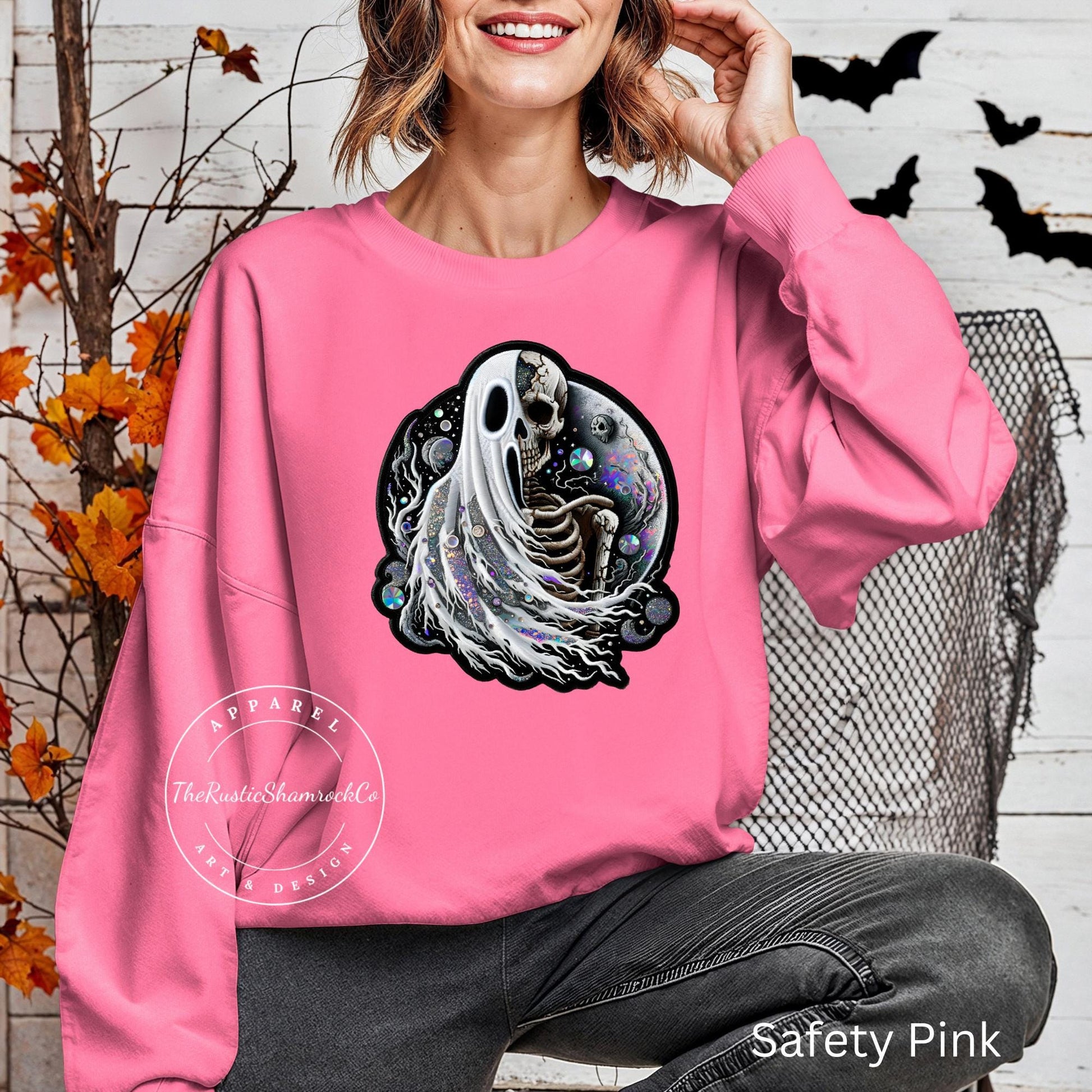 ghost/skeleton sweatshirt, halloween sweatshirt, skull sweatshirt, ghost sweatshirt, gifts for her, rhinestone sweatshirt, faux rhinestones