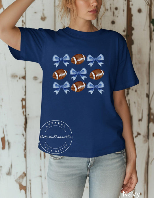 blue bow football, coquette gift,coquette aesthetic,coquette shirt, blue coquette shirt,football mom gift,cute football shirt,blue bow shirt