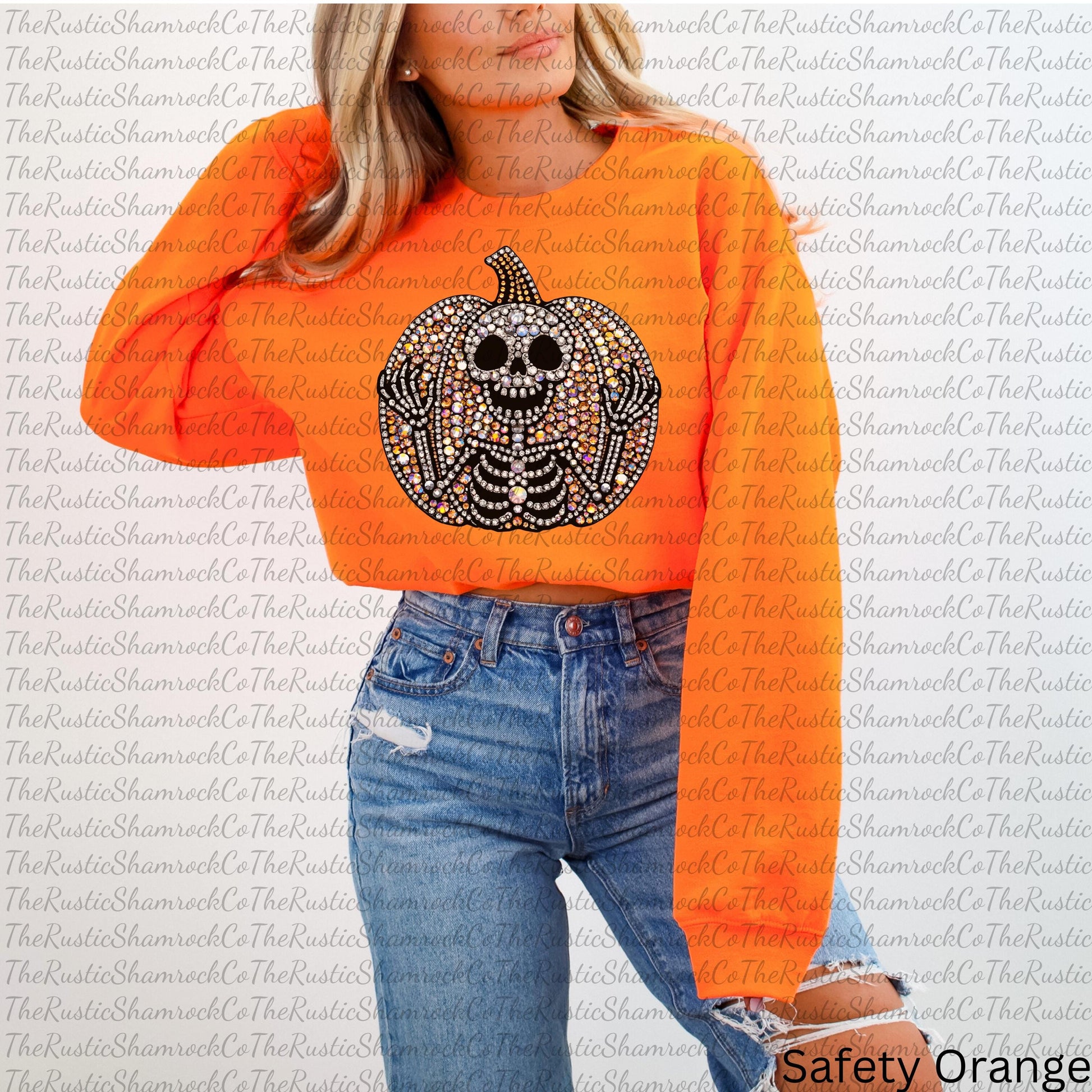 Halloween Sparkly Pumpkin Skeleton Sweatshirt, Faux Rhinestone Glittery Jumper, faux pumpkin rhinestone, cute pumpkin sweatshirt