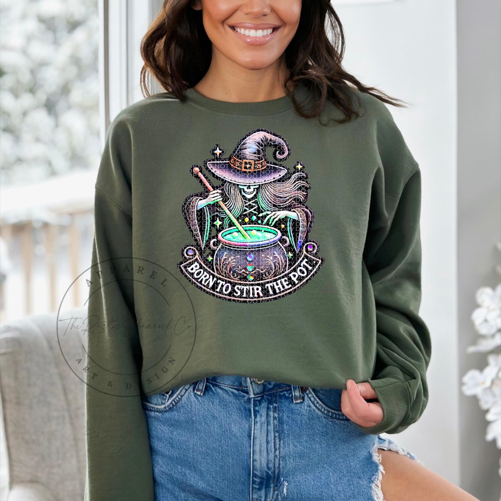 Stir the Pot, Halloween Sweatshirt, Witch Sweatshirt, Faux Embroidery, Spooky Sweatshirt, Witch stirring pot, Sweatshirts for her