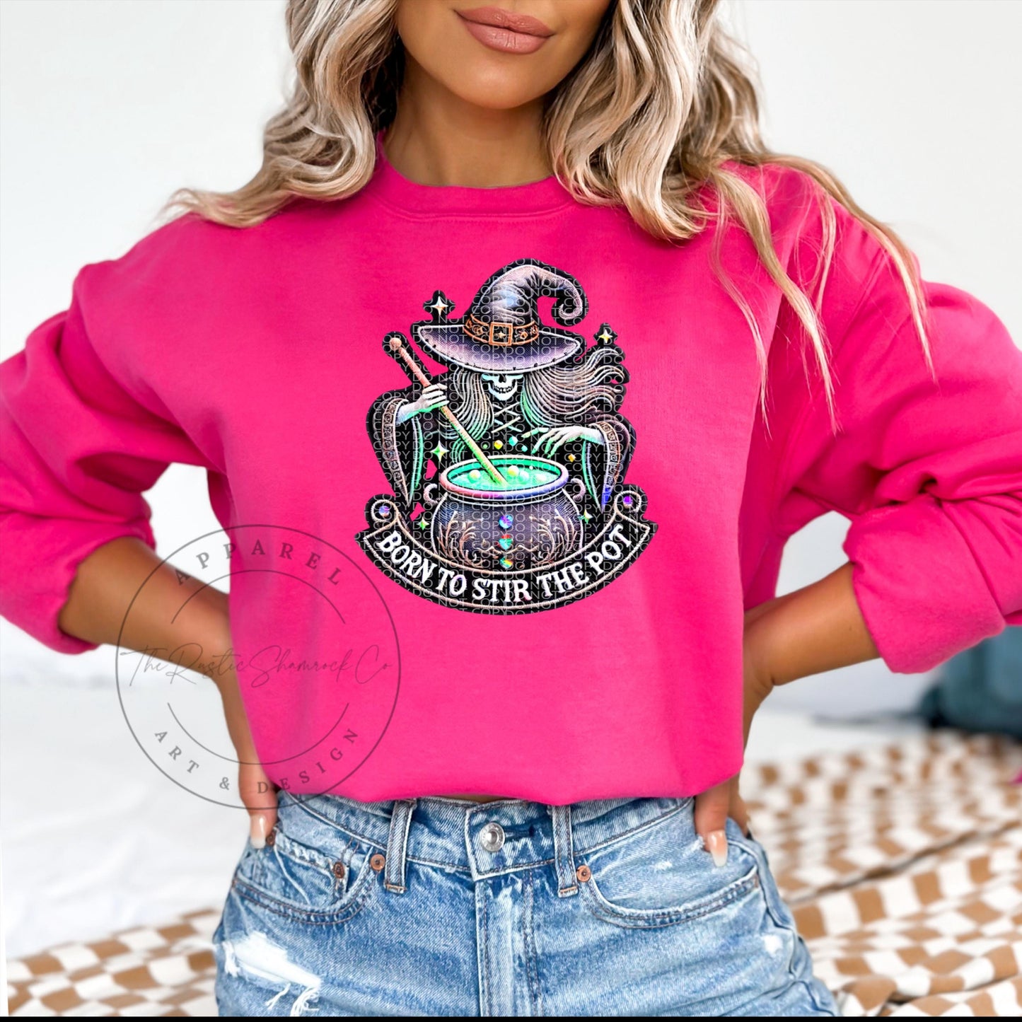 Stir the Pot, Halloween Sweatshirt, Witch Sweatshirt, Faux Embroidery, Spooky Sweatshirt, Witch stirring pot, Sweatshirts for her