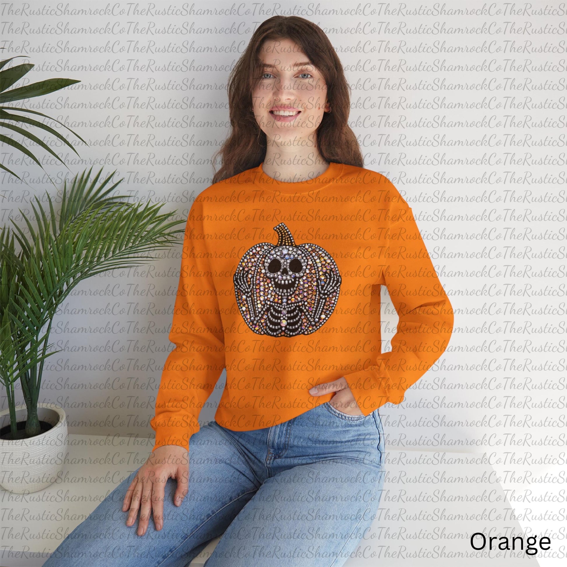 Halloween Sparkly Pumpkin Skeleton Sweatshirt, Faux Rhinestone Glittery Jumper, faux pumpkin rhinestone, cute pumpkin sweatshirt