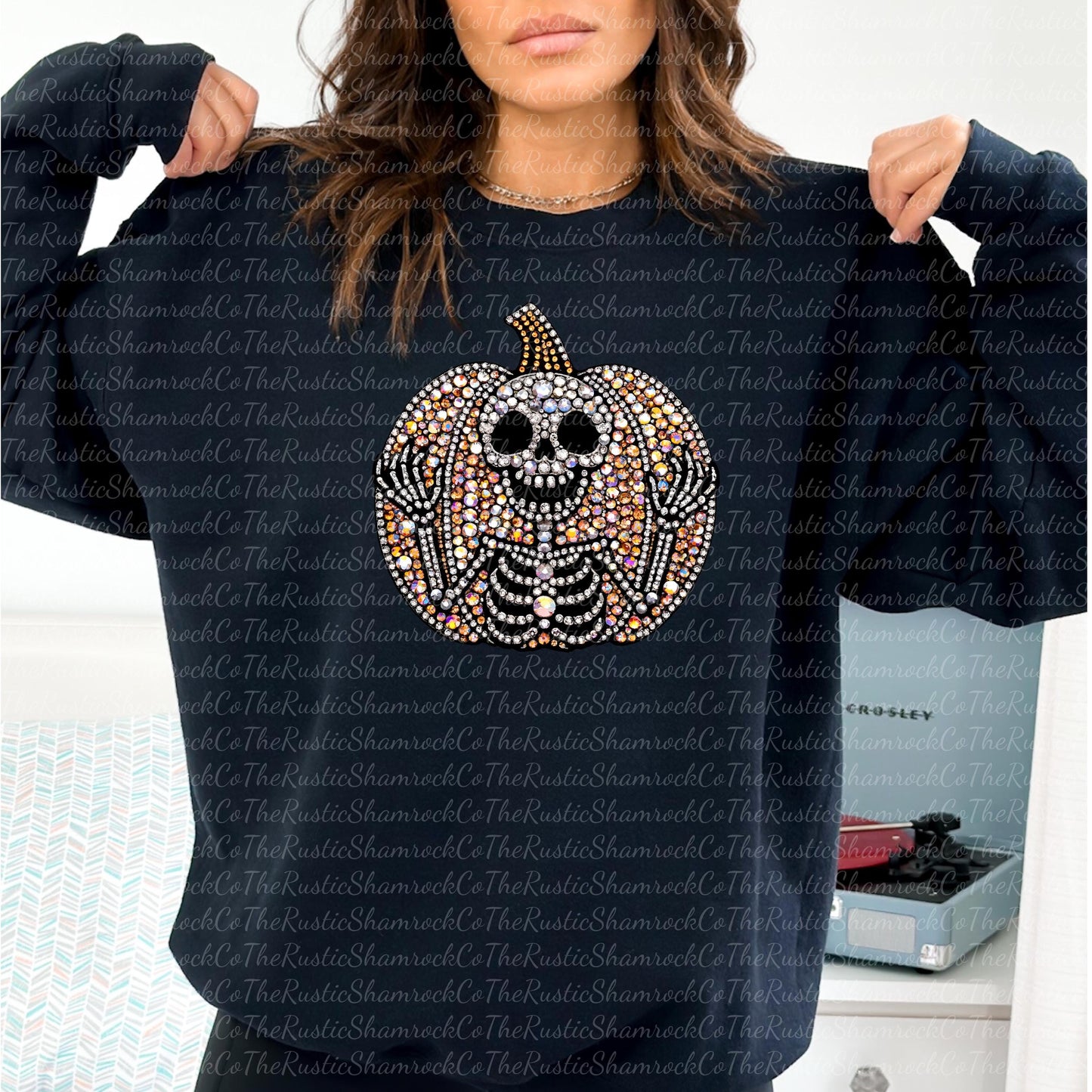 Halloween Sparkly Pumpkin Skeleton Sweatshirt, Faux Rhinestone Glittery Jumper, faux pumpkin rhinestone, cute pumpkin sweatshirt