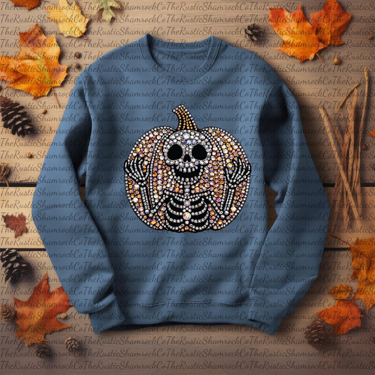 Halloween Sparkly Pumpkin Skeleton Sweatshirt, Faux Rhinestone Glittery Jumper, faux pumpkin rhinestone, cute pumpkin sweatshirt